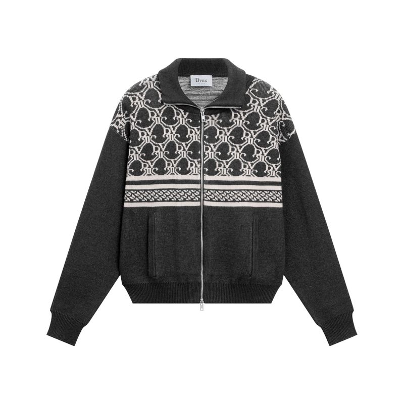 DVRK PRIVÉ MONOGRAM KNITTED ZIP-UP JACKET - DARK GREY