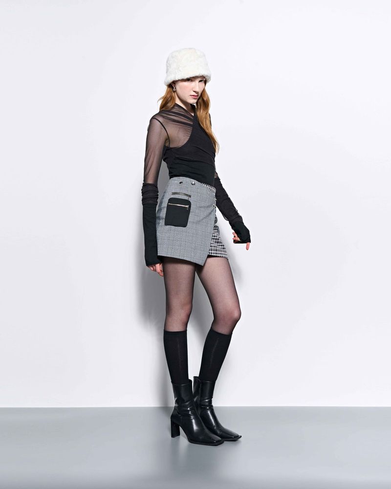 Check Panelled Mini Wrap Skirt _ Black