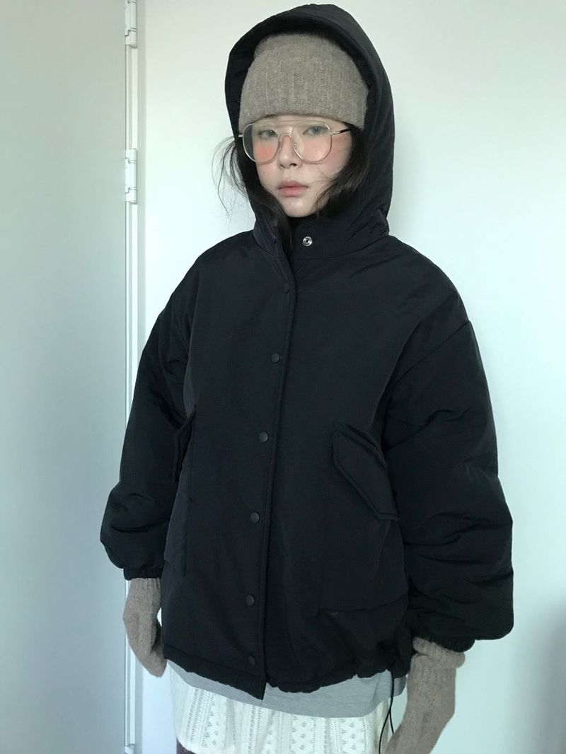 Matte Snap Hooded Padded Jacket (2 Colors)