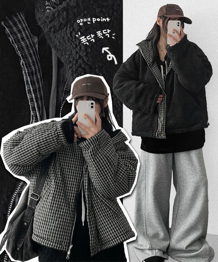 Mons reversible wool checkered padded jumper