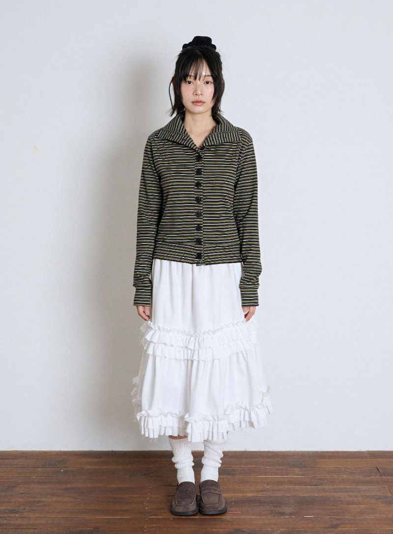 STRIPED HIGH NECK BUTTON CARDIGAN - OLIVE