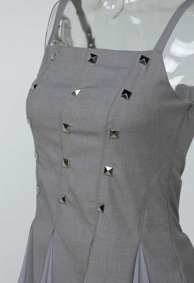  STUDDED GODET DRESS (GRAY)
