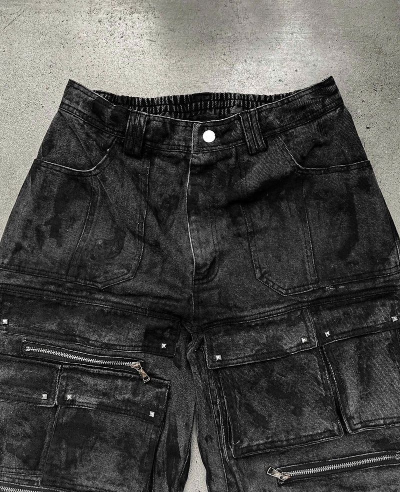 WASH-DENIM CARGO PANTS MULTI POCKET (Black)