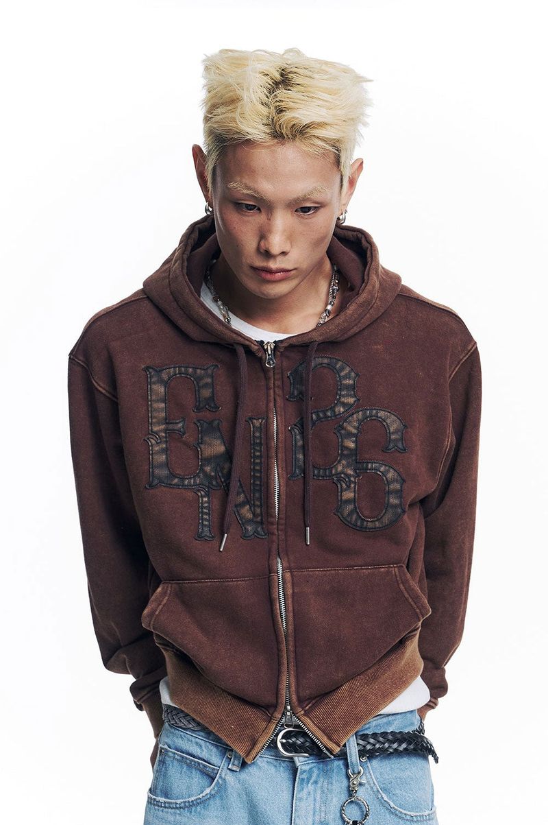 Washed Leather Patch Hooded Zip-Up - Brown