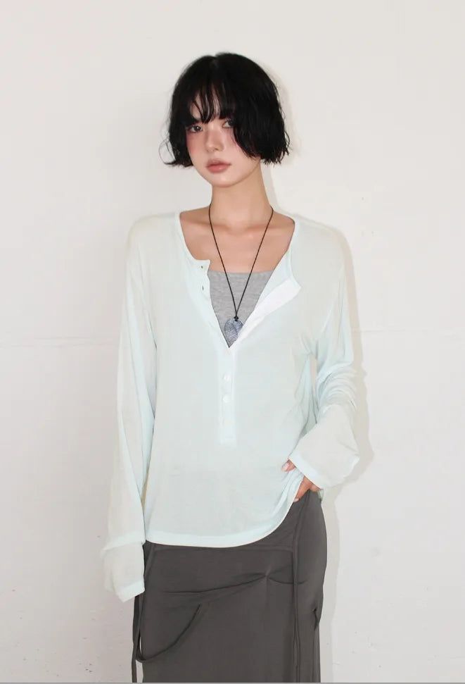 SHEER BUTTON HENLEY TOP