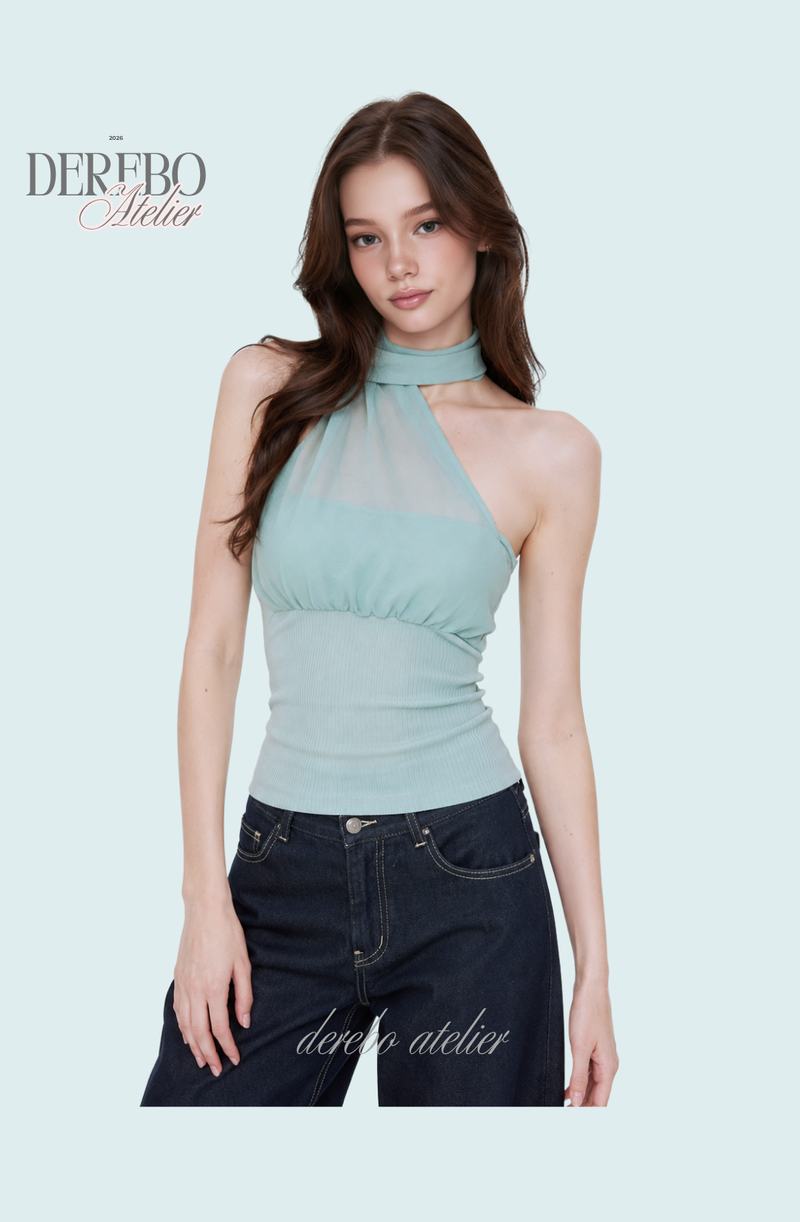 one-shoulder mint chiffon sleeveless top