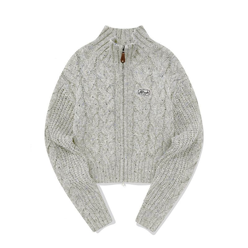 UNI LOGO WAPPEN CABLE COLLAR KNIT ZIP UP [LIGHT GRAY]