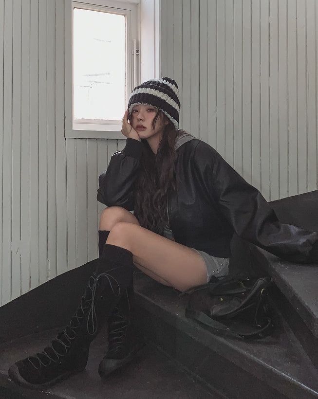 [Mink Lining] Phobia Winter Crop Leather Jacket