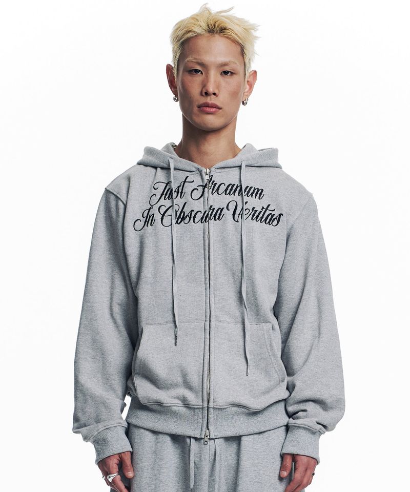 Lettering Embroidered Hoodie Zip-Up - Gray