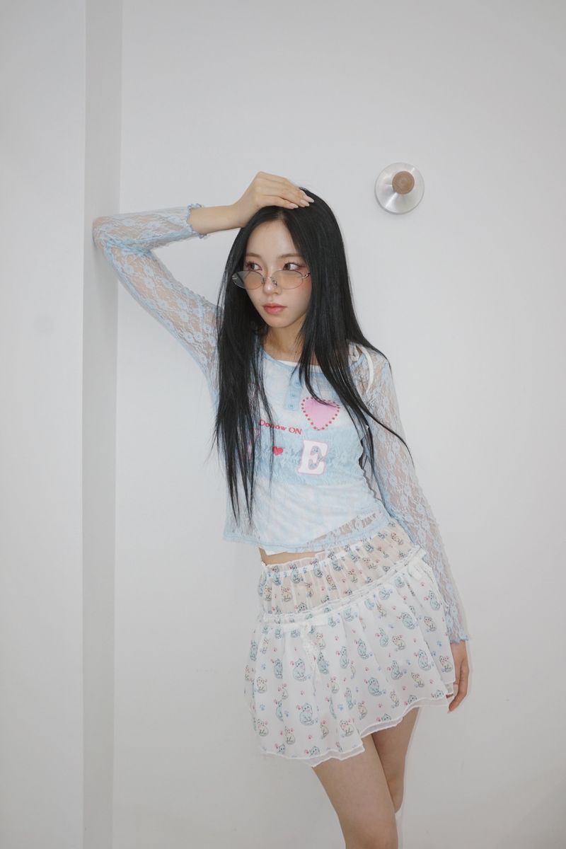Cat chiffon banding flare mini skirt