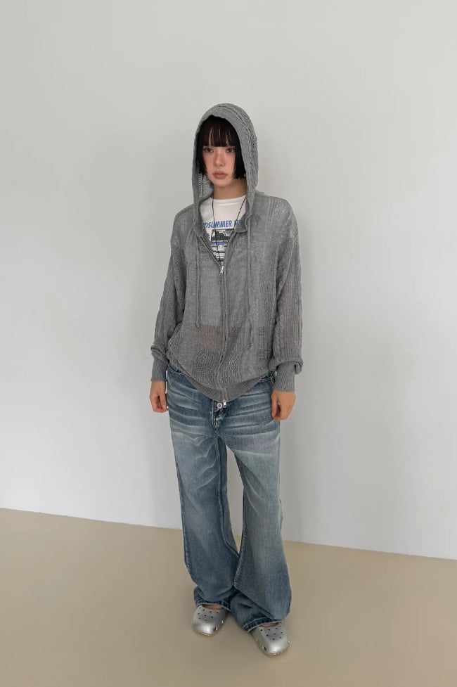 TWISTED KNIT HOOD ZIP-UP