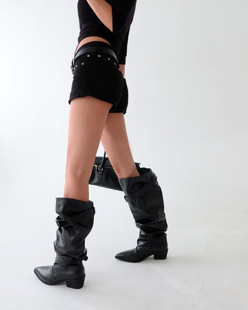 Wrinkle Shirring Belt Western Wide Long Boots