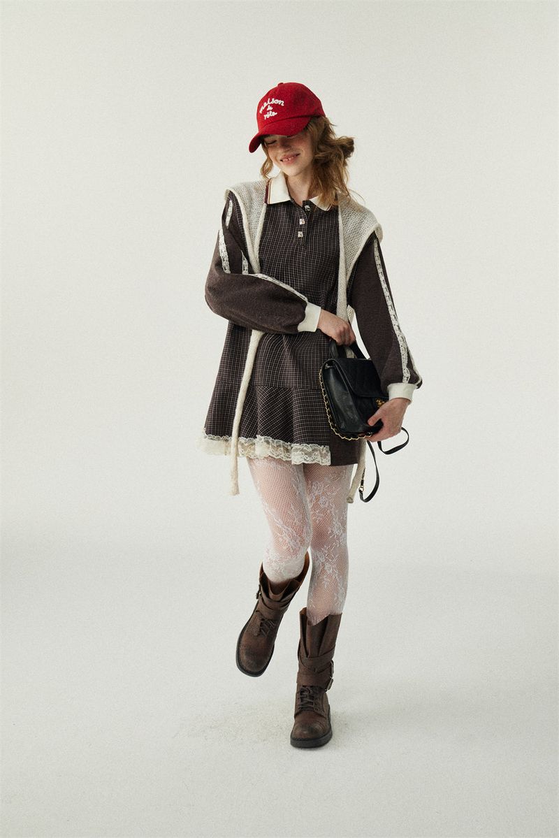 Lace Patchwork Check Sweatshirt Dress