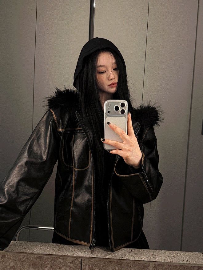 Vintage Noir Leather Zip-up