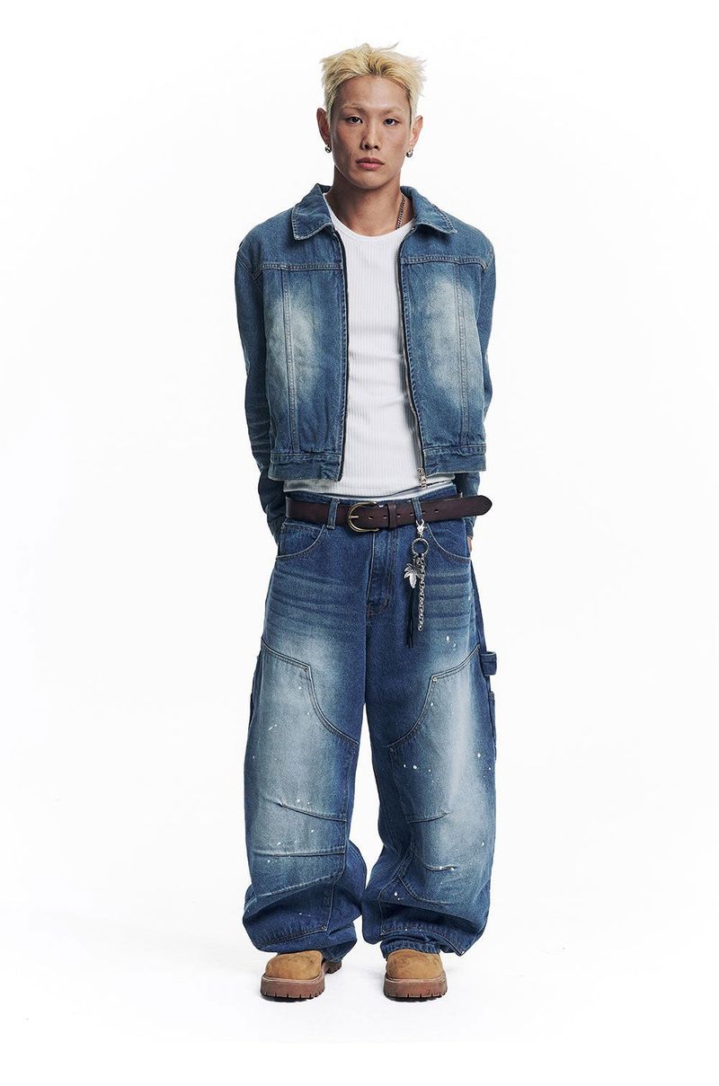 Curved Double Knee Denim Pants - Deep Blue