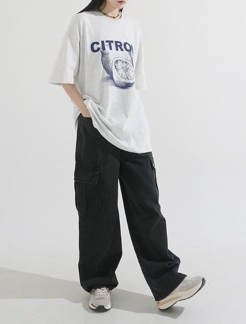 ストリングウエストワイドカーゴデニムパンツ