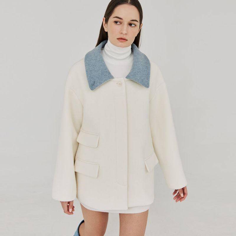 HERRINGBONE HIGH-NECK HALF COAT (IVORY)