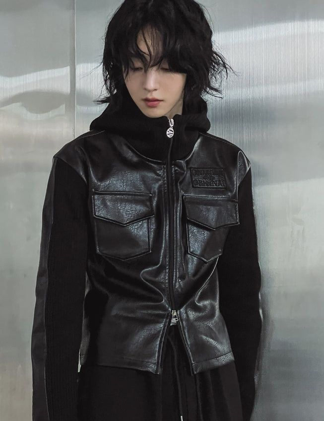 [LANARCH] Noble Leather Pocket Hooded Zip-Up