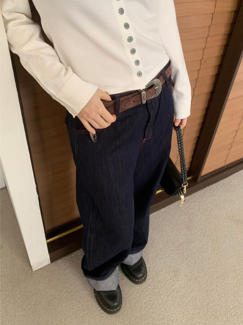 ペニーレッドステッチローワイドデニムパンツ