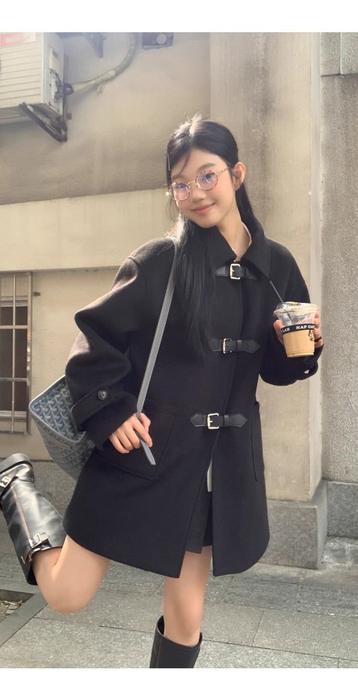 wool black collar buckle half coat