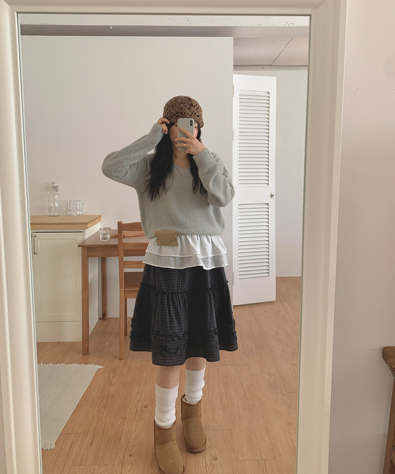Luen midi checkered skirt Fall layered frill soft fit