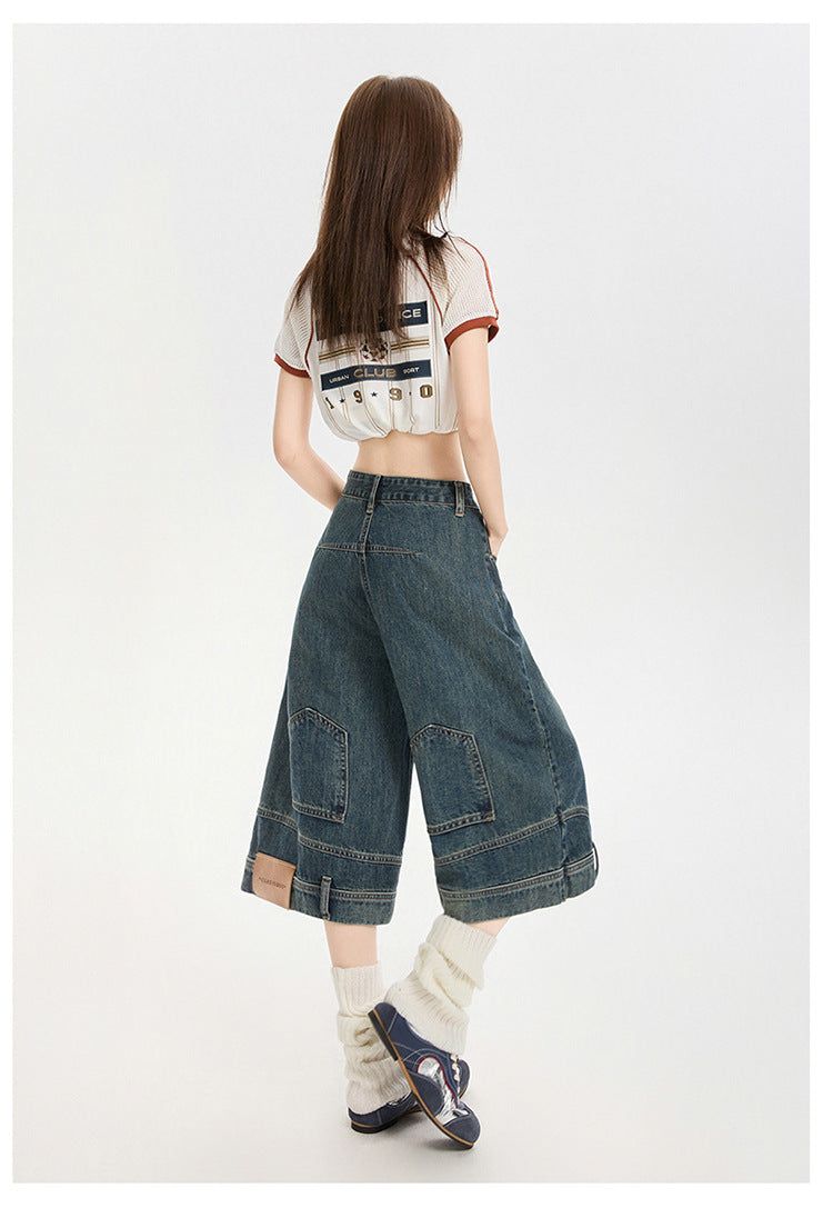 Reversed Detail Wide Denim Bermuda Pants