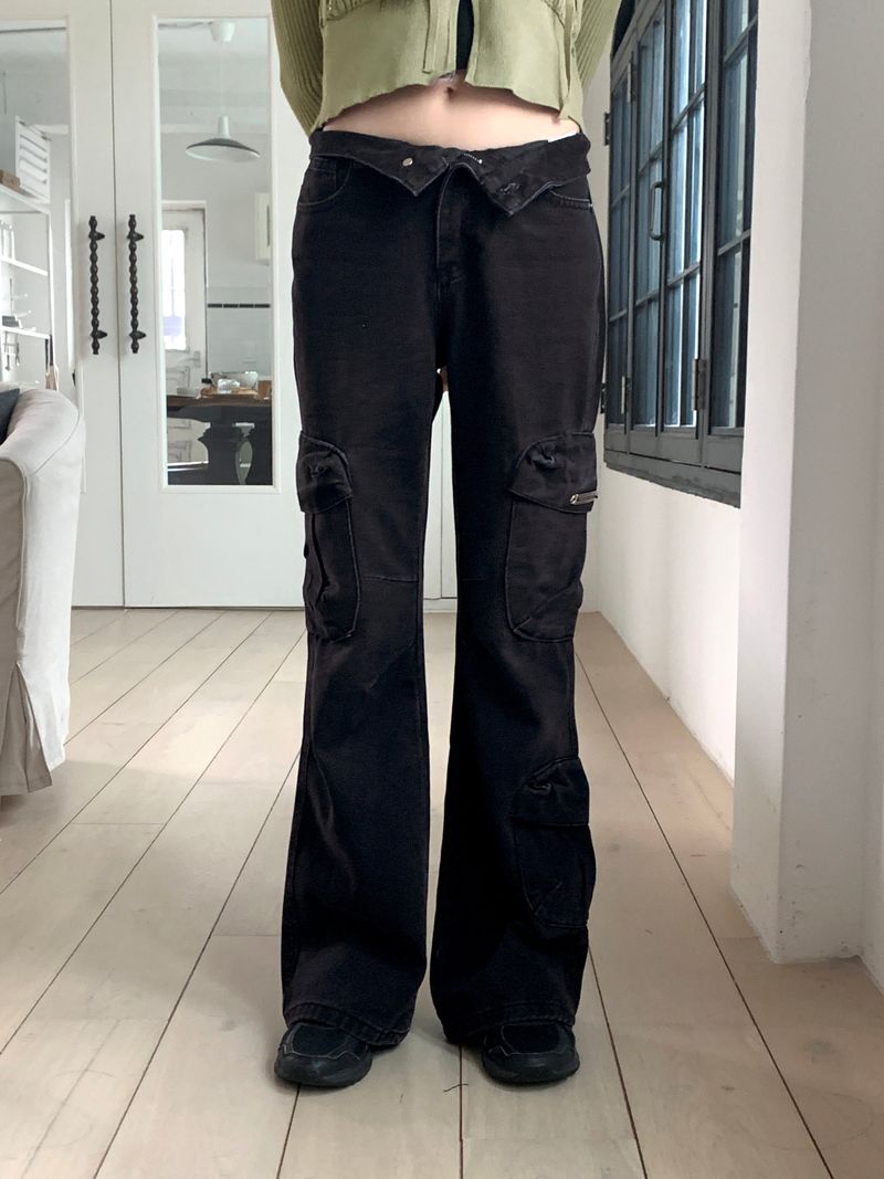 Anton cargo pocket black and blue bootcut denim pants