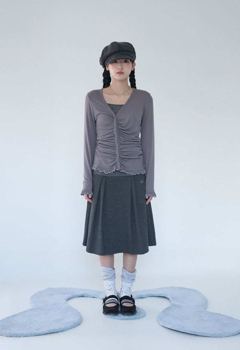 ASYMMETRIC SHIRRING LACE CARDIGAN SMOKE PURPLE