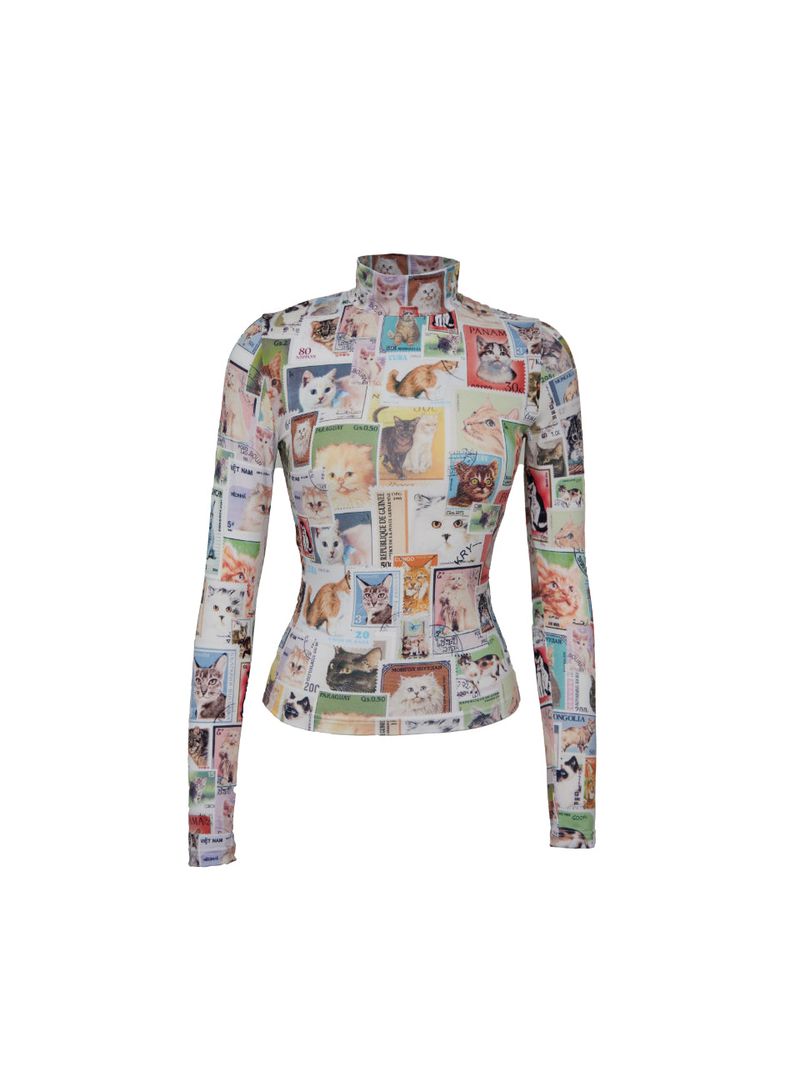 WORLDWIDE CAT POSTCARD HALF NECK LONG SLEEVE