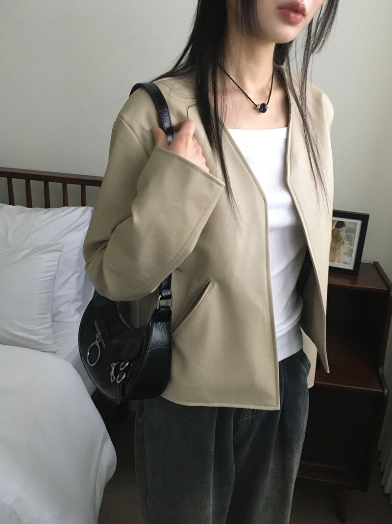 TF no-collar V short leather jacket