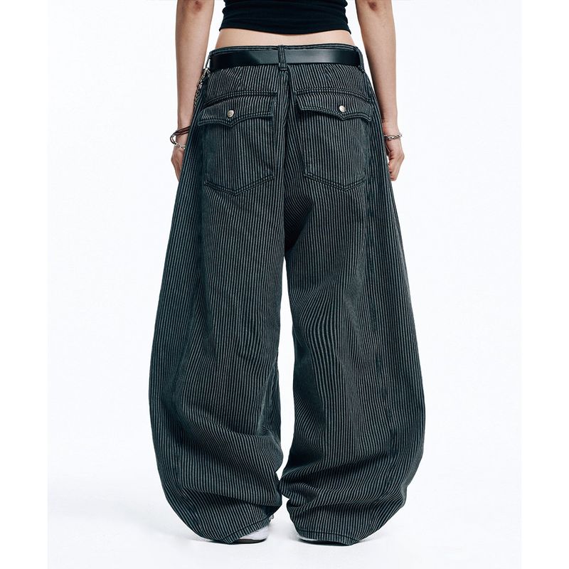 Curved Stripe Denim Pants - Black