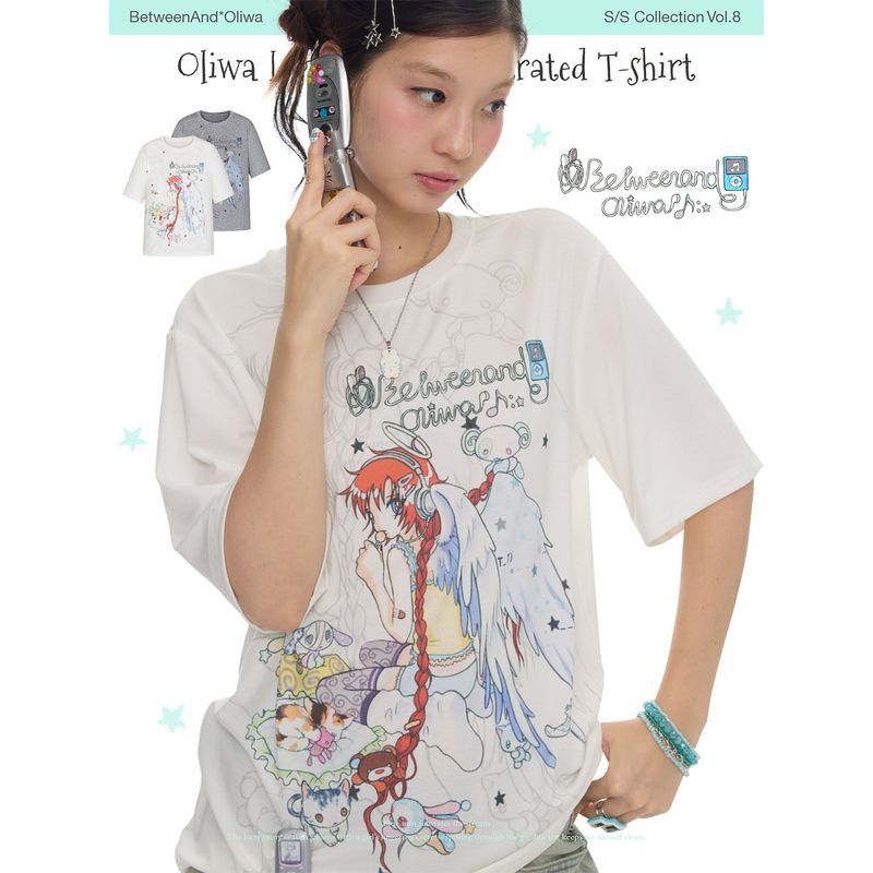 BETWEENANDxOliwa New women’s summer loose-fit two-color collaborative illustration round-neck short-sleeve T-shirt