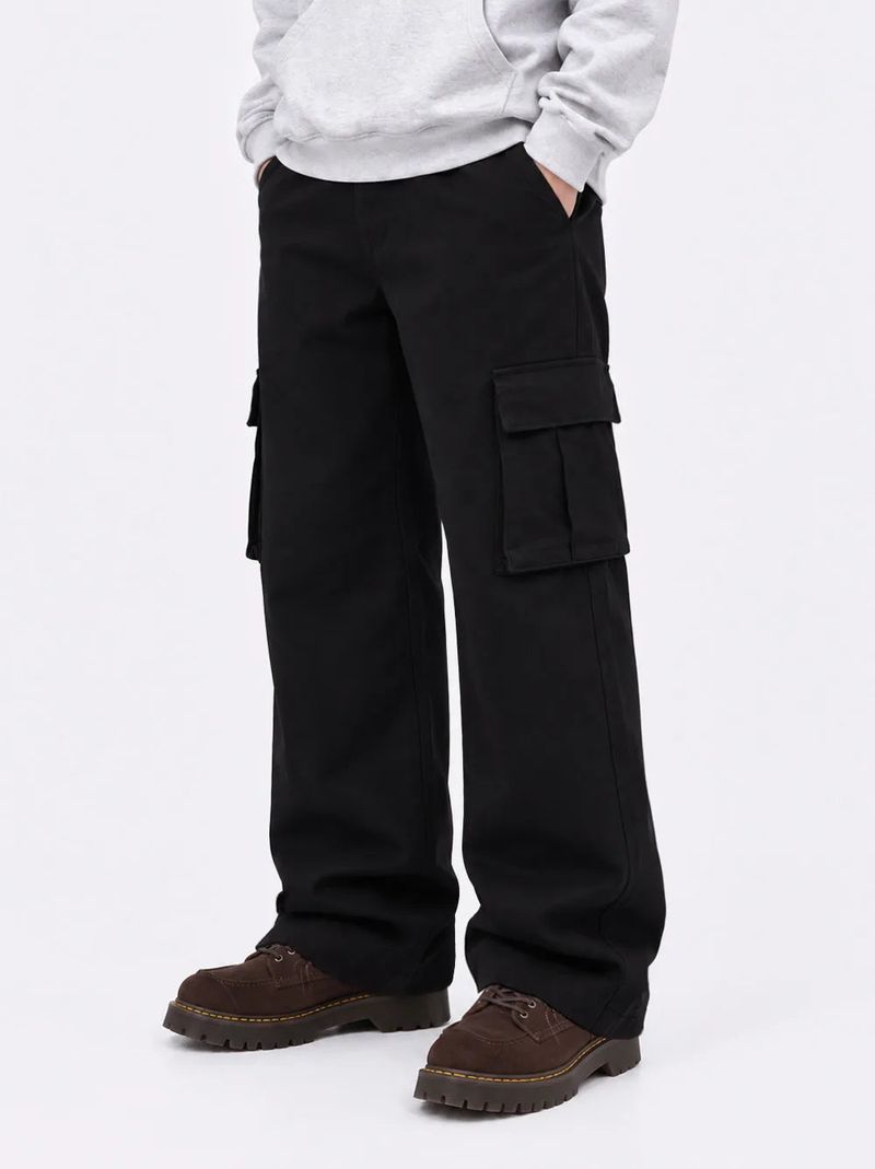 cargo drawstring wide cotton pants (black)