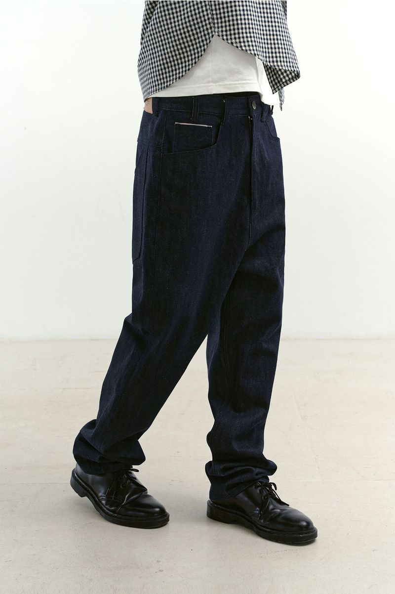 Natural High Waist Baggy Fit Selvedge Denim Pants(Navy)