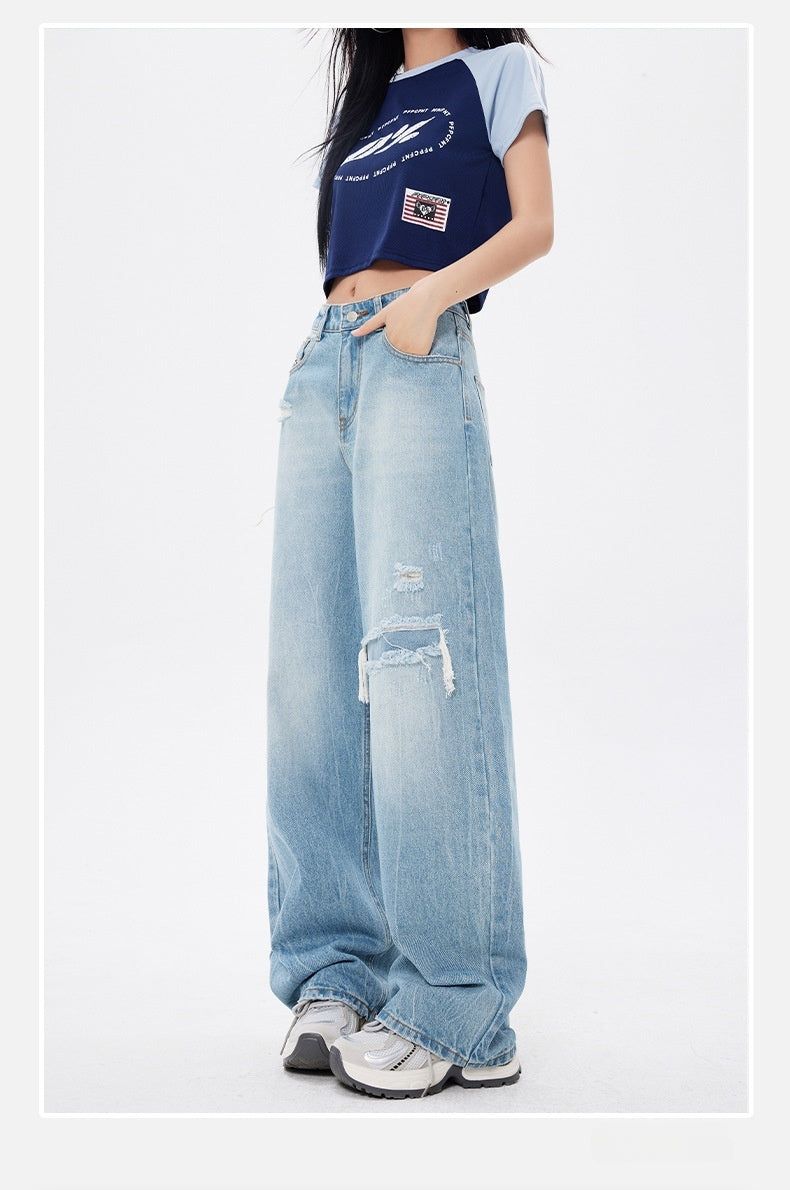 Vintage Frayed Distressed Wide Denim Pants