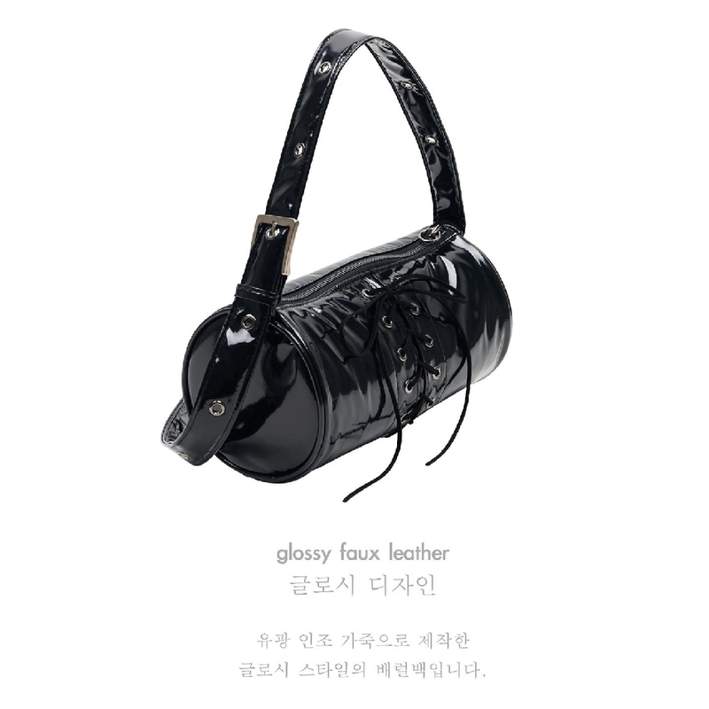 2WAY BELTED STRAP BARREL BAG SMALL_GLOSSY BLACK