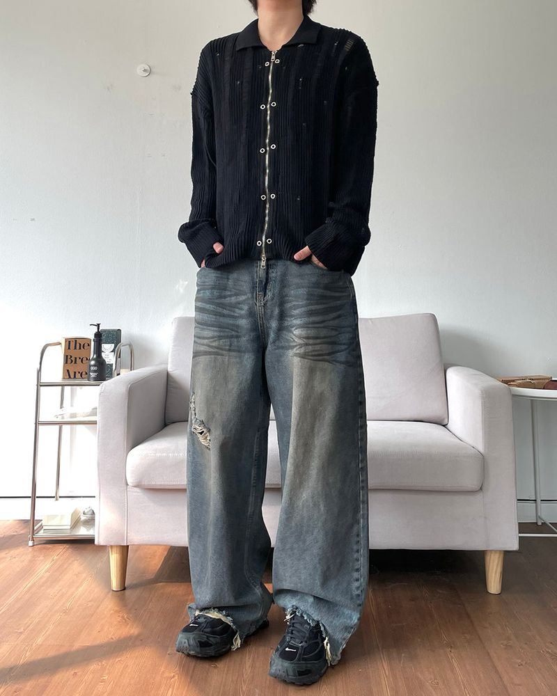 Eyelet Zip-up Knit Cardigan