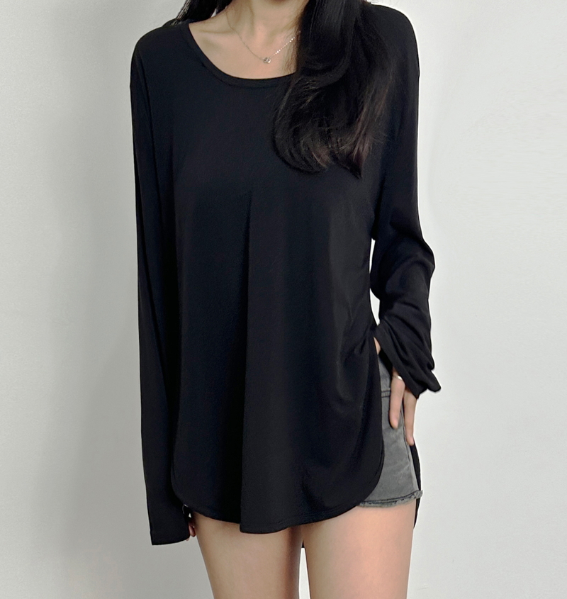 (BASIC ITEM♥/BEST VALUE♥) 3 COLORS STRETCH LIP U-NECK SLEEK LOOSE-FIT BASIC INNER LAYERED LONG-SLEEVE TEE