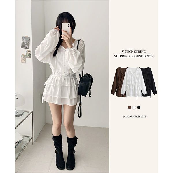 hijjoo（ハイチュー）の「ミエルVネックストリングシャーリングカンカンドレス（ワンピース/ドレス）」