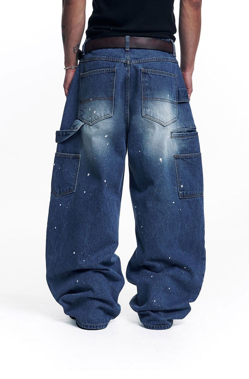 Curved Double Knee Denim Pants - Deep Blue