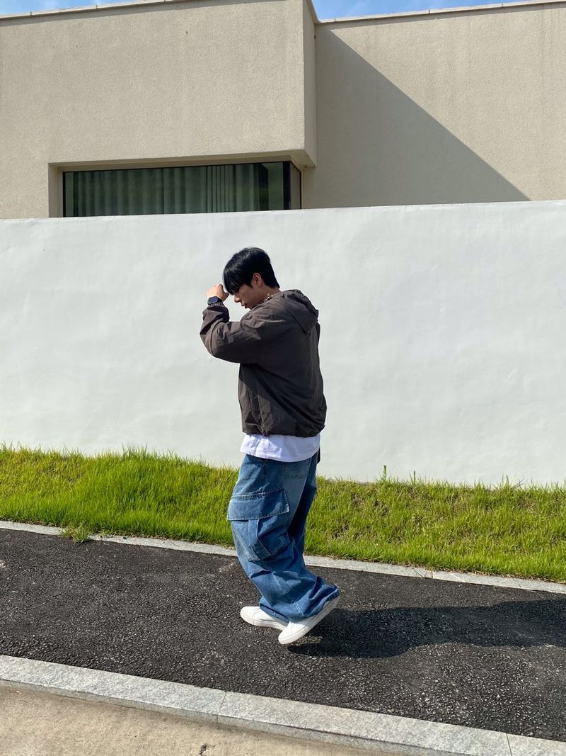 Washing diagonal balloon cargo denim pants 2C