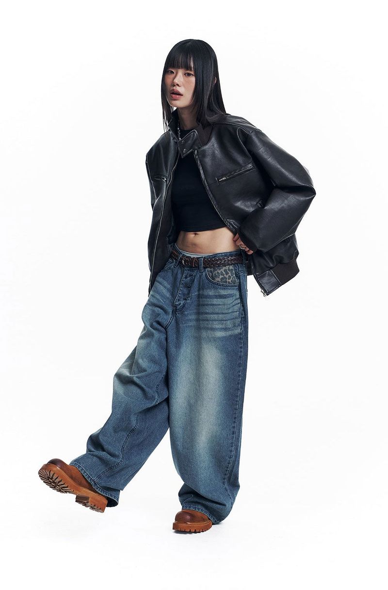 Leopard Cross Patch Roll-Up Denim Pants - Deep Blue