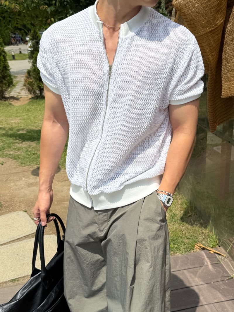 Half-neck punching zip-up cardigan