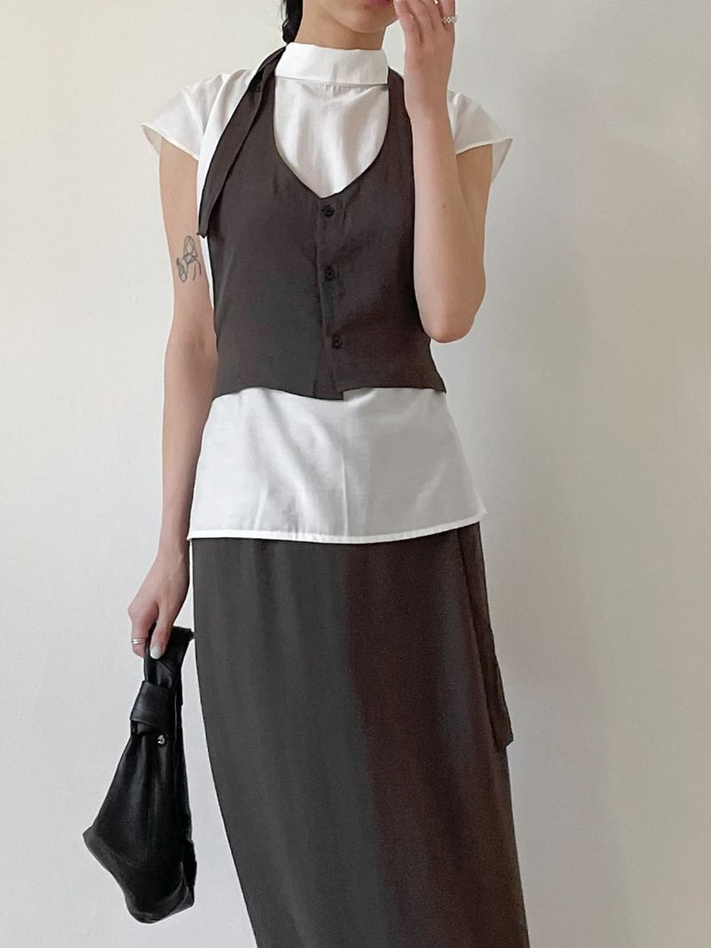 Tie-neck Strap Cap Sleeve Blouse