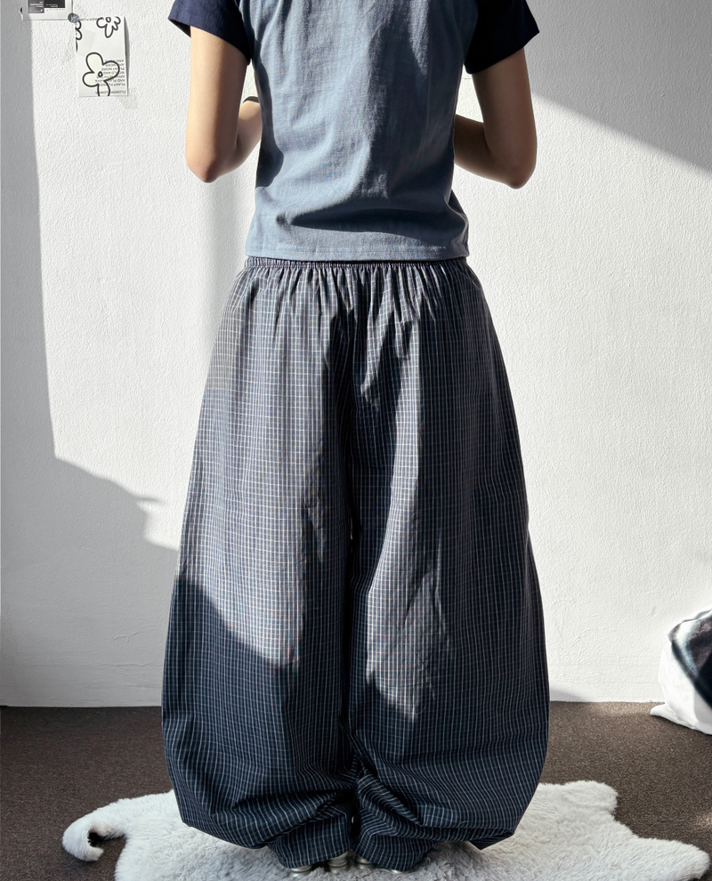 Fluffy Check Elastic Waist Balloon Pants 2Color