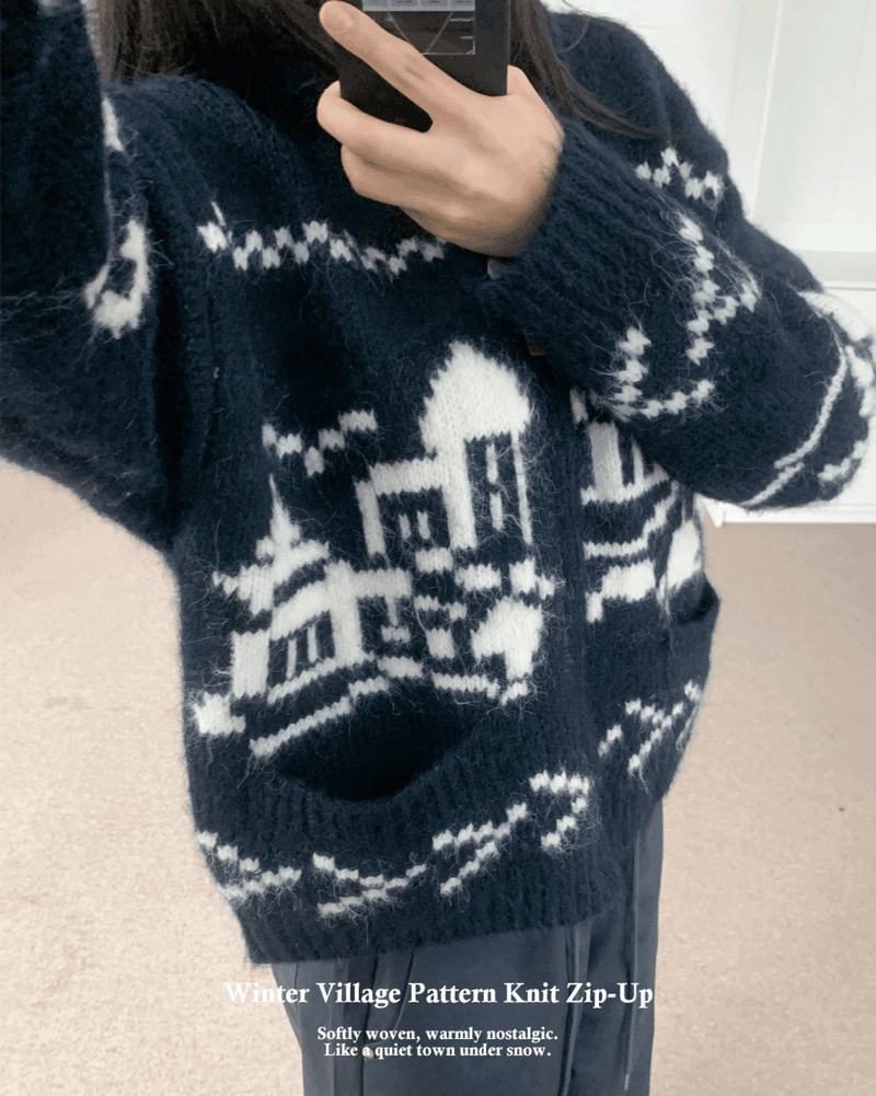 GUSTA（グスタ）の「Winter Village House Pattern Knit Zip-Up Cardigan (2 colors)（Jackets/Outerwear）」