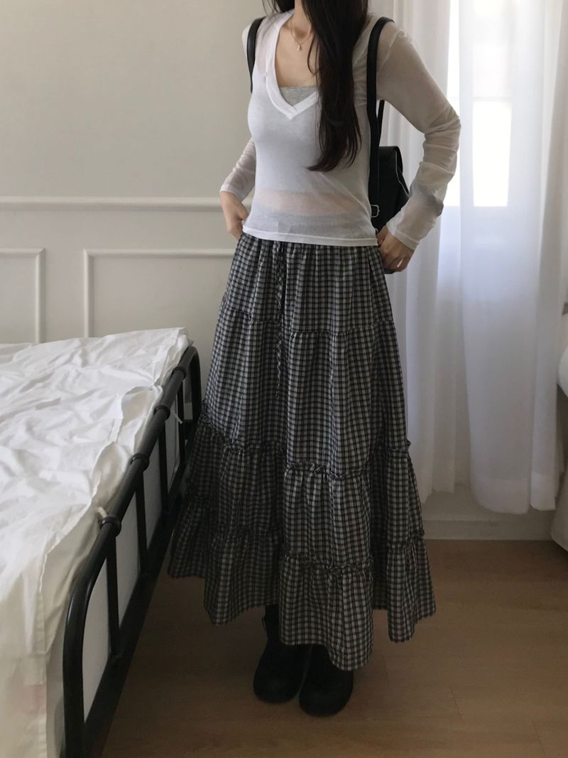 Kitten（キッテン）の「River Check Long Skirt (one color)（Skirts）」