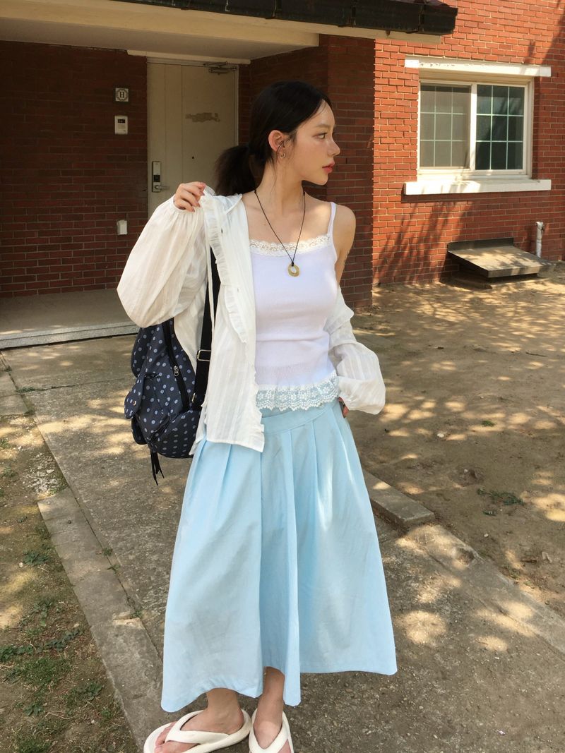 Button Minimal Pin-tuck Sagging Skirt (3c)
