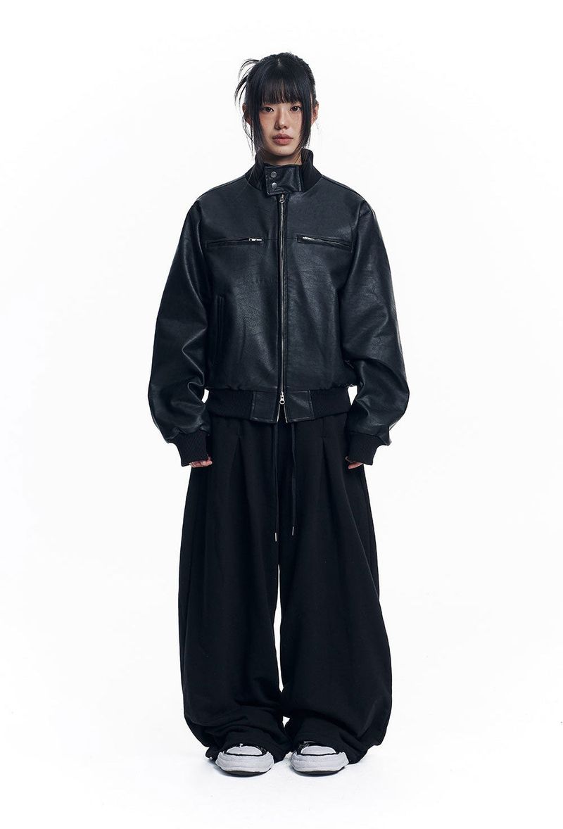High Neck Leather Crop Jacket - Black