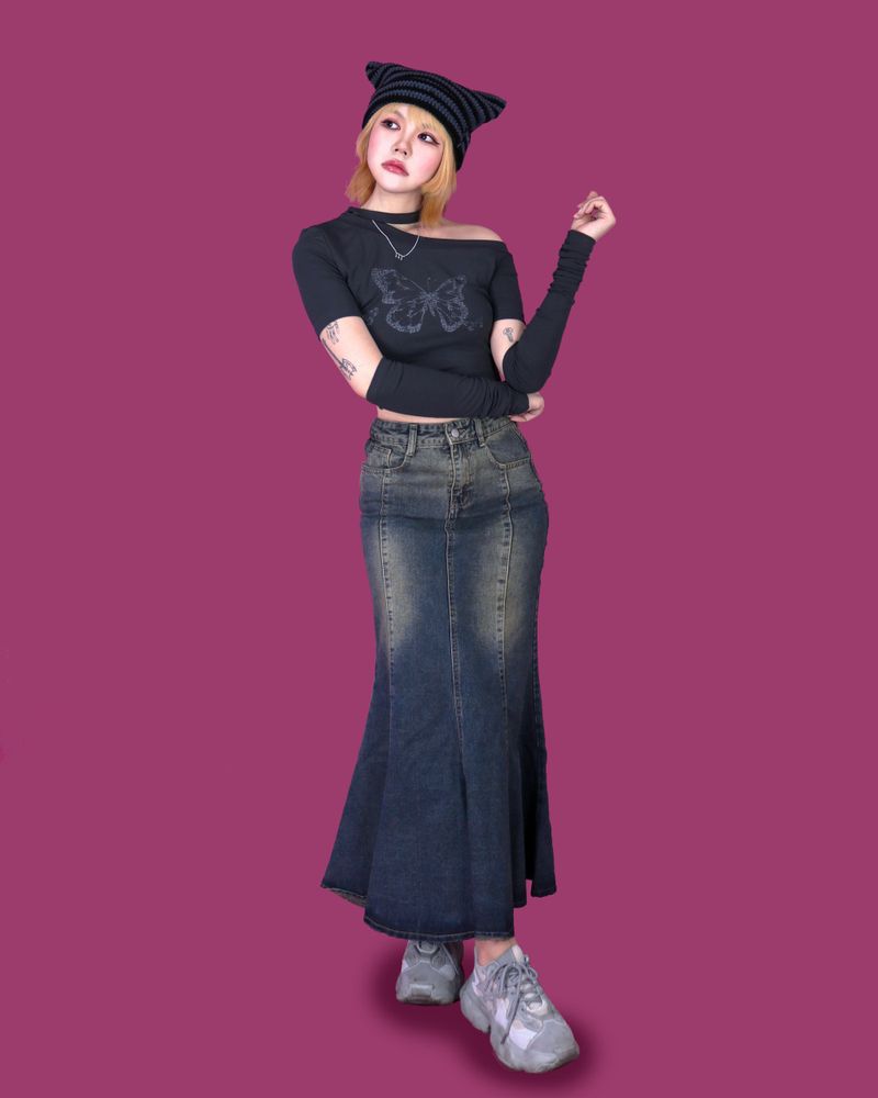 caramel denim long skirt